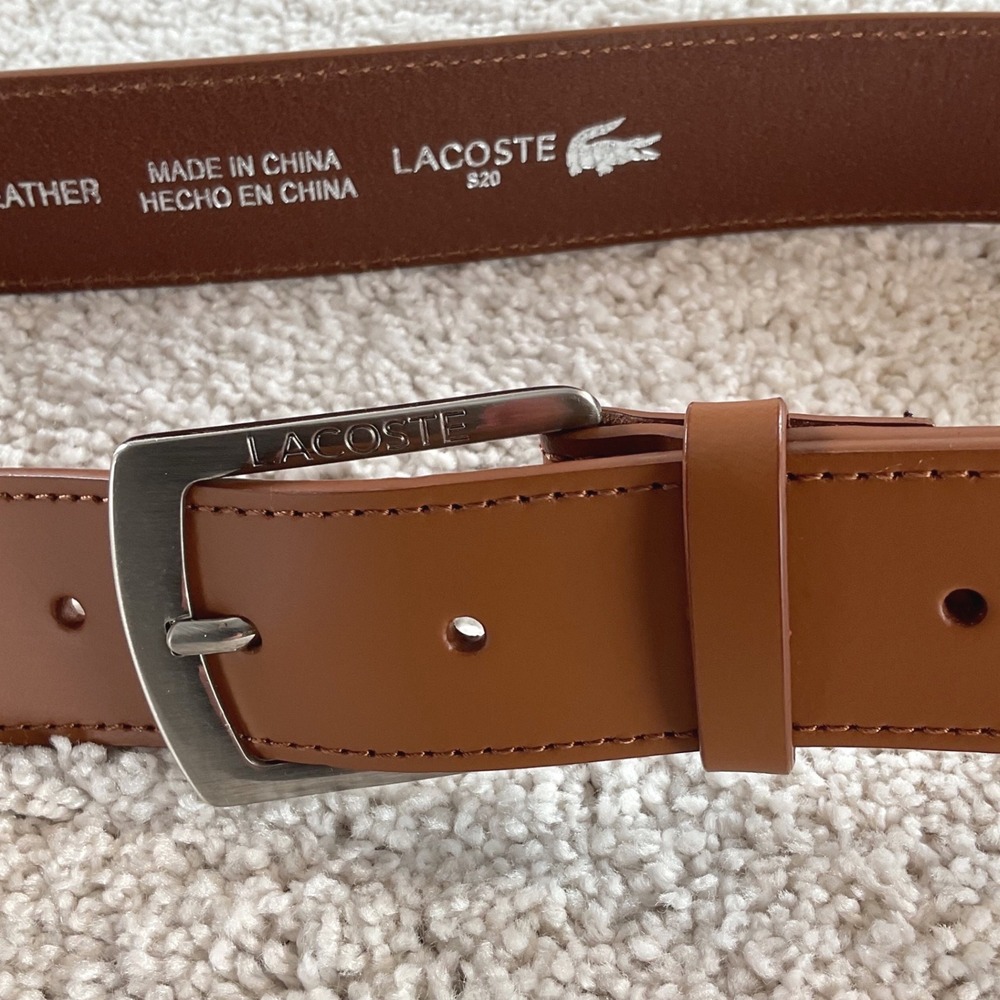 Lacoste Mens RC3011 Tan Brown Genuine Leather Belt Size 30 Crocodile Logo NEW - Picture 3 of 6